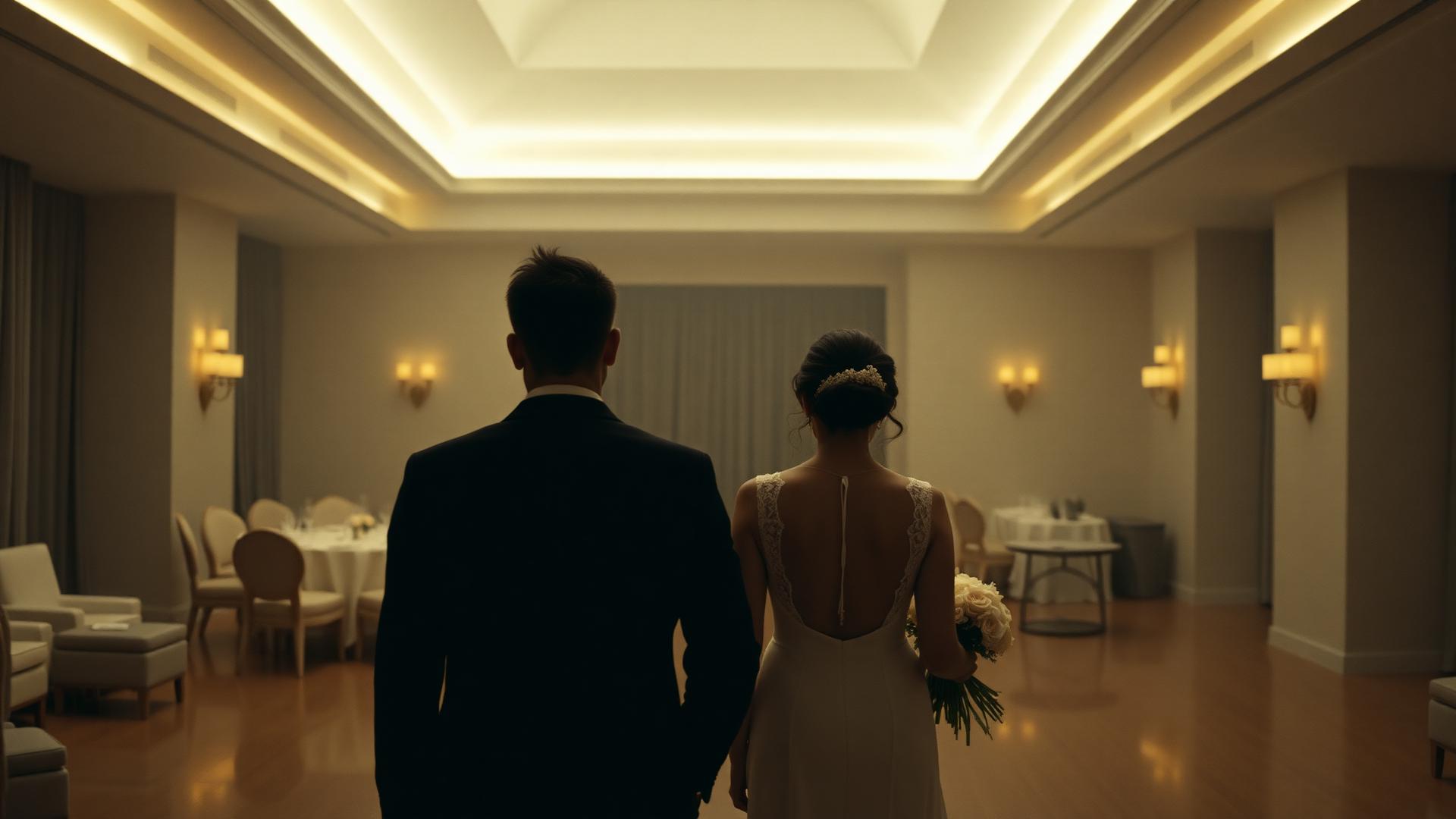 A couple walking into a warm-lit hall