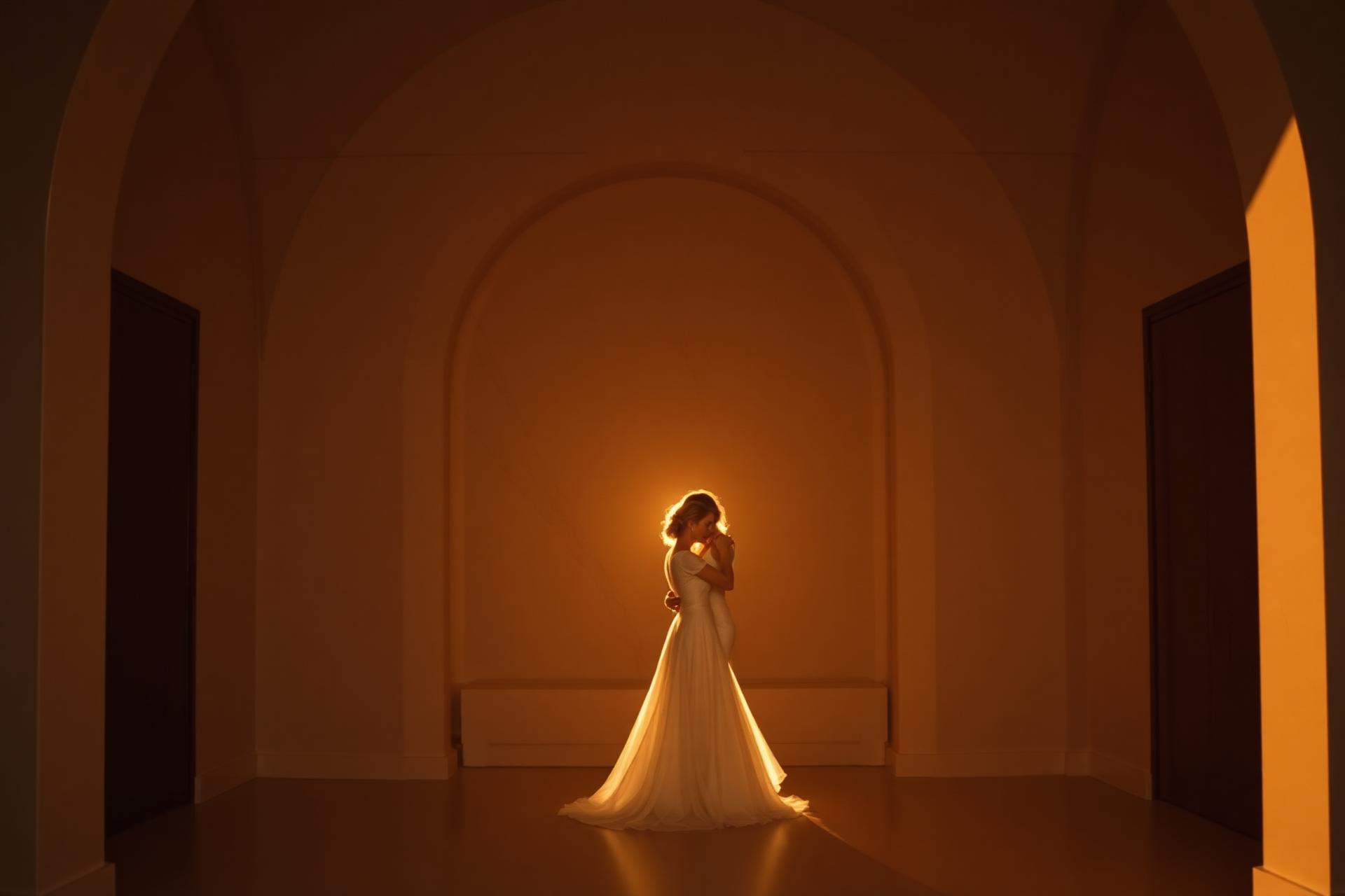 A bride in soft golden light inside a minimal arched hall